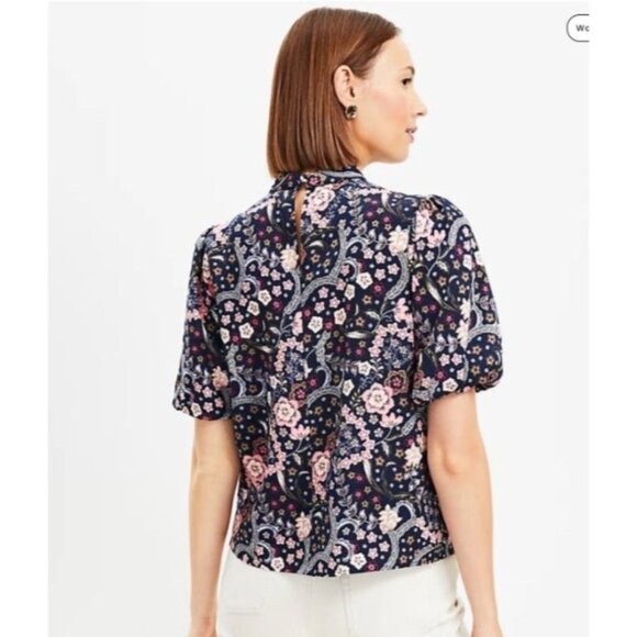 LOFT Bloom Twist Bubble Sleeve Blouse Short Sleeves size XL womens floral - Picture 5 of 11